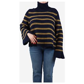 Khaite Dunkelblauer und beiger Cashmere gestreifter Pullover - Größe M Blau