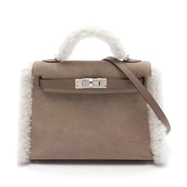Hermès-Hermes Kelly 2 Teddy Etoupe Handbag-Brown,White,Taupe
