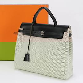 Hermès-Hermes Airbag PM Leather Toile GM Shoulder Bag Tote-Black,Beige