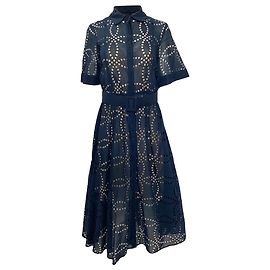 Abito midi con occhielli e cintura Oscar de la Renta in cotone blu navy Blu Blu navy