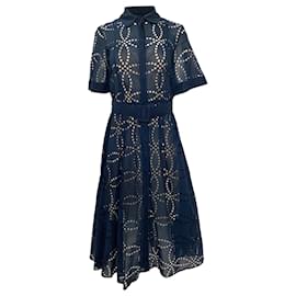 Oscar de la Renta-Oscar de la Renta Belted Eyelet Midi Dress in Navy Blue Cotton-Blue,Navy blue