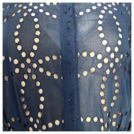 Oscar de la Renta-Oscar de la Renta Belted Eyelet Midi Dress in Navy Blue Cotton-Blue,Navy blue