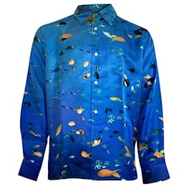 Loewe- Loewe Printed Convertible-Collar Shirt in Blue Silk-Blue
