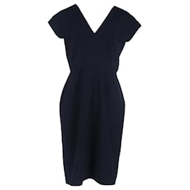 Roland Mouret- Roland Mouret V-Neck Knee-Length Dress in Navy Blue Wool-Blue,Navy blue