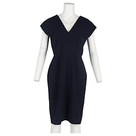 Roland Mouret- Roland Mouret V-Neck Knee-Length Dress in Navy Blue Wool-Blue,Navy blue