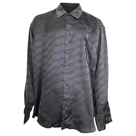Balenciaga-Balenciaga BB Logo Print Long Sleeve Shirt in Black Silk-Black