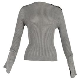 Roland Mouret- Roland Mouret Ribbed-Knit Long Sleeve Top in Grey Polyester-Grey