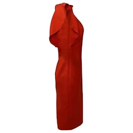 Oscar de la Renta-Oscar de la Renta Ruffle-Accented Midi Dress in Red Wool-Red