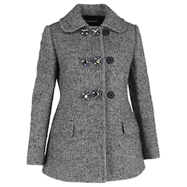 Dolce & Gabbana- Dolce & Gabbana Embellished Button Peacoat in Grey Wool-Grey