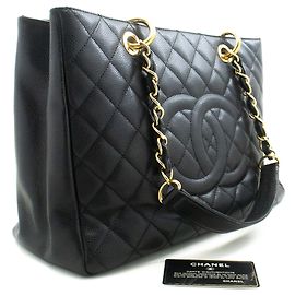 CHANEL Bolsa de compras GST 13" em couro de bezerro texturizado com corrente para ombro Preto