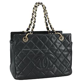 Chanel-CHANEL Sac à main Matelassé avec chaîne en cuir caviar noir or CC Auth PP148-Noir,Doré