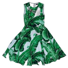 Dolce & Gabbana Seidenkleid Bananenblatt Print Weiß Grün Weiß Grün