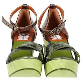 Lanvin- Lanvin Snake-Embossed Espadrille Slingback Wedge Sandals in Silver Leather-Silvery,Metallic