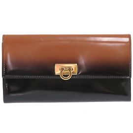 Carteira longa em couro de bezerro Gancini Salvatore Ferragamo Marrom Preto