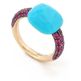 Pomellato-NEW POMELLATO CAPRI RING TURQUOISE & RUBIES T47 IN 18K ROSE GOLD BOX-Golden