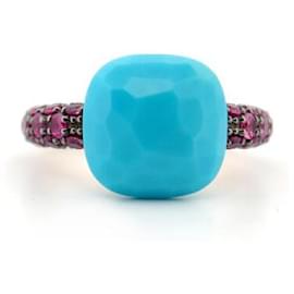 Pomellato-NEW POMELLATO CAPRI RING TURQUOISE & RUBIES T47 IN 18K ROSE GOLD BOX-Golden