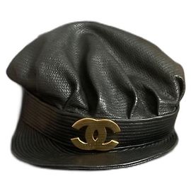 Chanel Black Leather Cap with Gold CC Logo Black