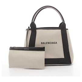 Balenciaga-Balenciaga Navy Cabas S Canvas Leather Tote-Beige
