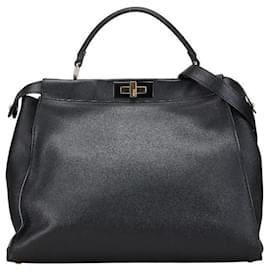 Fendi-Fendi Peekaboo Leather Handbag 2WAY Black-Black