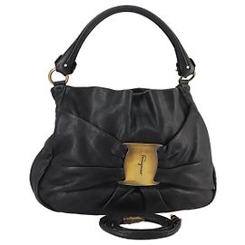 Bolsa de mão em couro Salvatore Ferragamo Vala 2 vias preta e dourada Auth bs20937 Preto Dourado