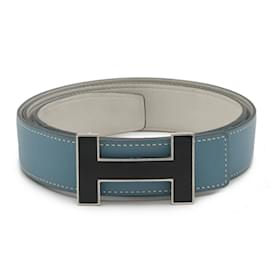 Hermès-Hermes Quiz H Belt Reversible Leather-Blue,Eggshell