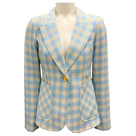 Autre Marque-Smythe Blue / Yellow Cornflower Check and Whiskey Leather Patch Pocket Duchess Jacket with Elbow Patch-Blue