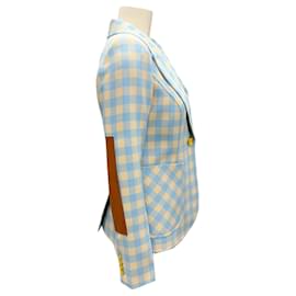Autre Marque-Smythe Blue / Yellow Cornflower Check and Whiskey Leather Patch Pocket Duchess Jacket with Elbow Patch-Blue