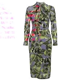 Dolce & Gabbana-Dolce & Gabbana Pink Fig Print Silk Tie-Neck Midi Dress-Pink