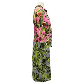 Dolce & Gabbana-Dolce & Gabbana Pink Fig Print Silk Tie-Neck Midi Dress-Pink