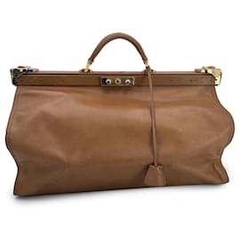 Fendi-Vintage Tan Camel Leather Doctor Bag Duffle Travel Bag Handbag-Beige