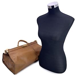Fendi-Vintage Tan Camel Leather Doctor Bag Duffle Travel Bag Handbag-Beige