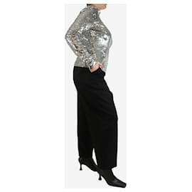 Ralph Lauren-Silver sequinned mesh toll neck top - size XL-Silvery