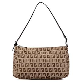Fendi-Fendi Zucchino Canvas Leather Handbag 8BR267-Brown