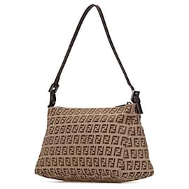 Fendi-Fendi Zucchino Canvas Leather Handbag 8BR267-Brown