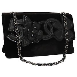 CHANEL Borsa a Spalla Chain Camelia in Pelle Velour Nera Argento CC Auth yk16500 Nero Argento