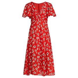Vestido midi de mangas flutter retorcidas con estampado floral multicolor Poppy de Prabal Gurung Roja
