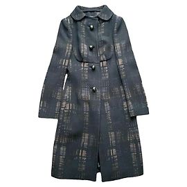 Prada Natte Grafico Cacao Wool Coat Black Brown Blue Brown Black Blue