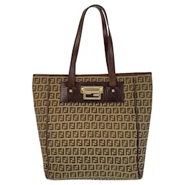 Fendi-Fendi Zucca Canvas Leather Tote Shoulder Bag-Brown