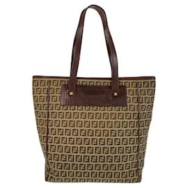 Fendi-Fendi Zucca Canvas Leather Tote Shoulder Bag-Brown