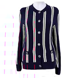Chanel-Logo Buttons Striped Cashmere Cardigan 38 FR-Navy blue