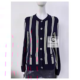 Chanel-Logo Buttons Striped Cashmere Cardigan 38 FR-Navy blue