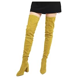 Prada-Prada Fall 2015 Chartreuse Suede Over The Knee Boots Light blue-Green,Yellow