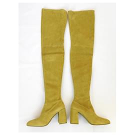 Prada-Prada Fall 2015 Chartreuse Suede Over The Knee Boots Light blue-Green,Yellow