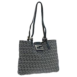 Fendi-FENDI Zucchino Canvas Tote Bag Navy Silver Auth 104436-Silvery,Navy blue