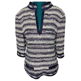 Chanel-Chanel 13P Denim Navy Blue White Striped Tweed Blouse Tunic FR 38 US 6-White,Blue,Dark red,Metallic,Navy blue