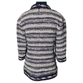 Chanel-Chanel 13P Denim Navy Blue White Striped Tweed Blouse Tunic FR 38 US 6-White,Blue,Dark red,Metallic,Navy blue