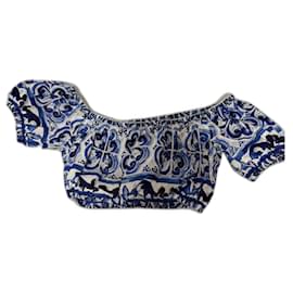 Dolce & Gabbana-Short poplin top with majolica print-White,Dark blue