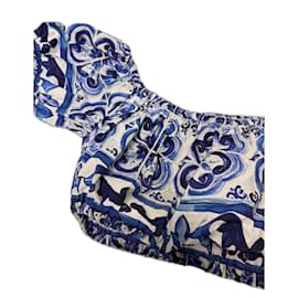 Dolce & Gabbana-Short poplin top with majolica print-White,Dark blue