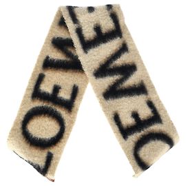 Cachecol com franjas em mohair bege com logo Loewe em intarsia Bege