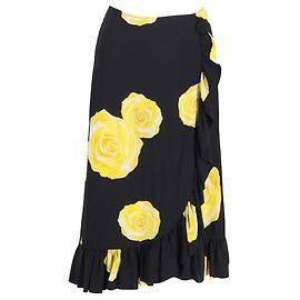 Saia midi com babados estampada floral Ganni em seda preta Preto